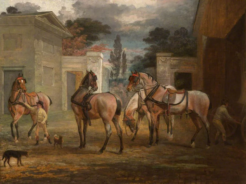1760-George Garrard - Quattro cavalli roani da carrozza con due stallieri
